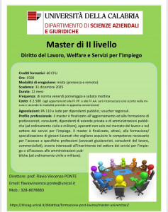 Locandina master diritto del lavoro welfare servizi impiego 2025
